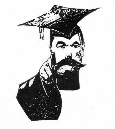 Drawing of a mortarboard-wearing schoolmaster